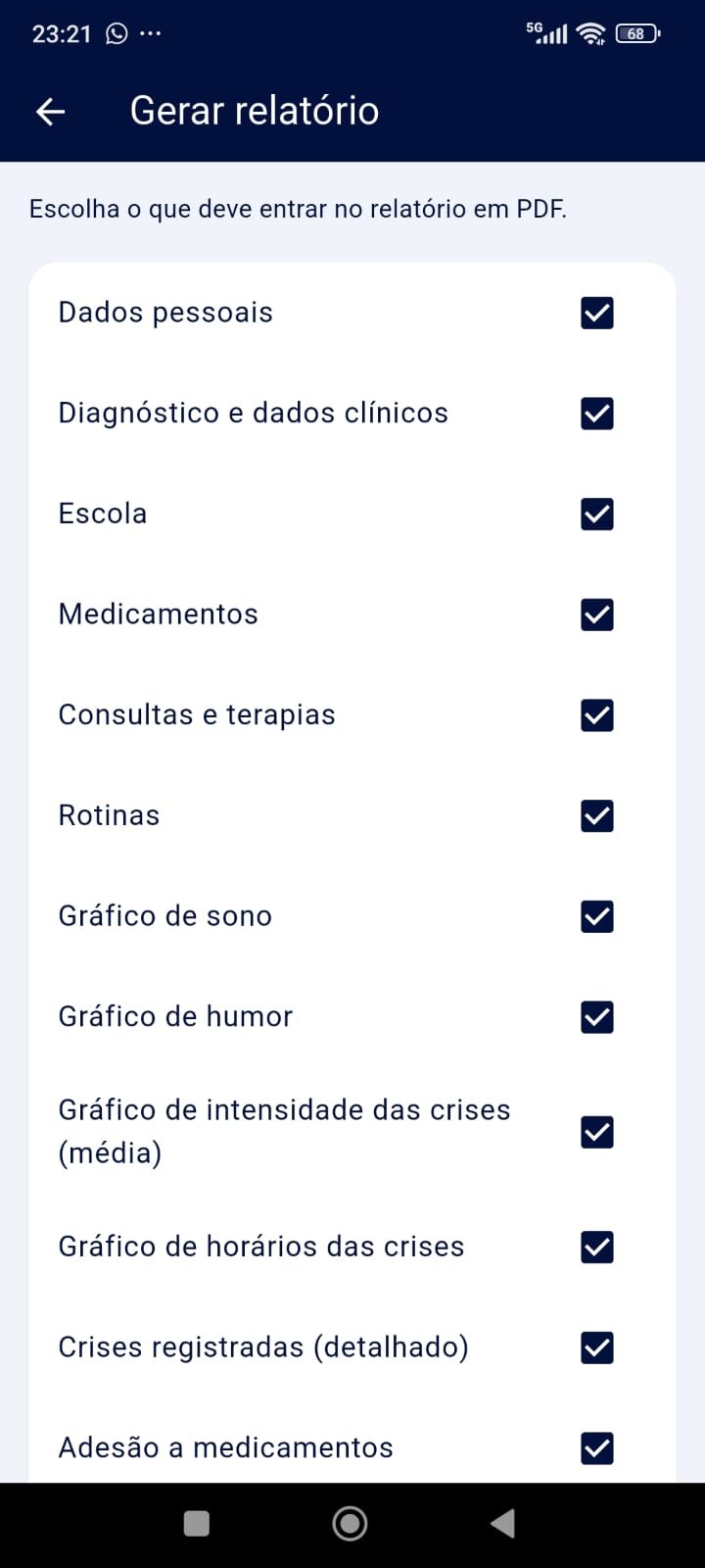 Tela de geração de relatório do aplicativo NÓS Atípicos, com a lista de informações que podem ser incluídas no PDF: dados pessoais, diagnóstico, escola, medicamentos, consultas, rotinas e gráficos.